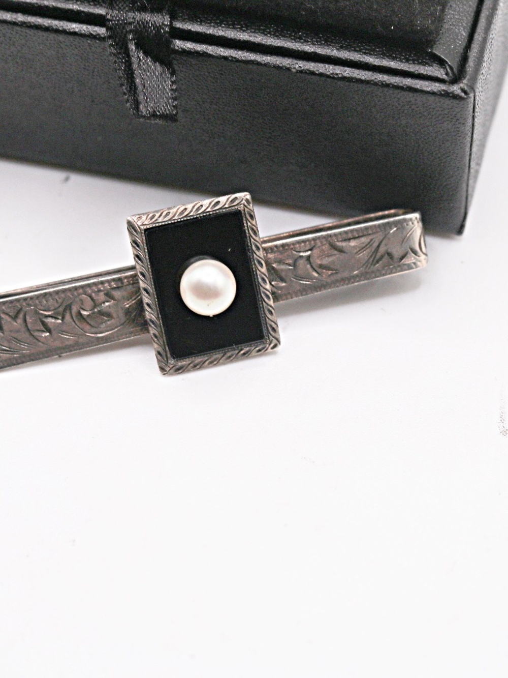 Sterling Engraved Black Onyx  Akoya Cultured Pearl Tie Bar/Money Clip-
